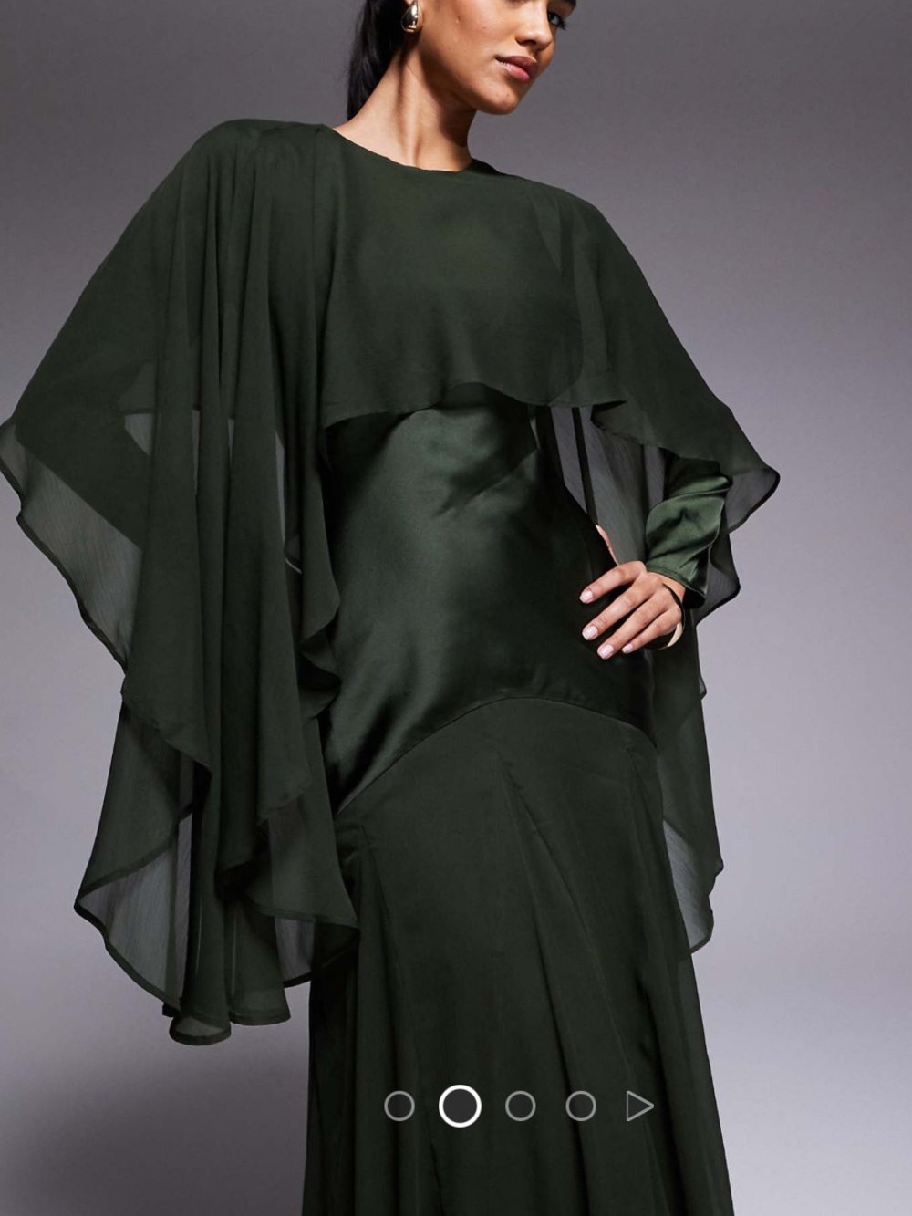 ASOS Cape Detail Ruffle Chiffon Satin Mix Maxi Dress in Dark Green - Picture 2 of 5